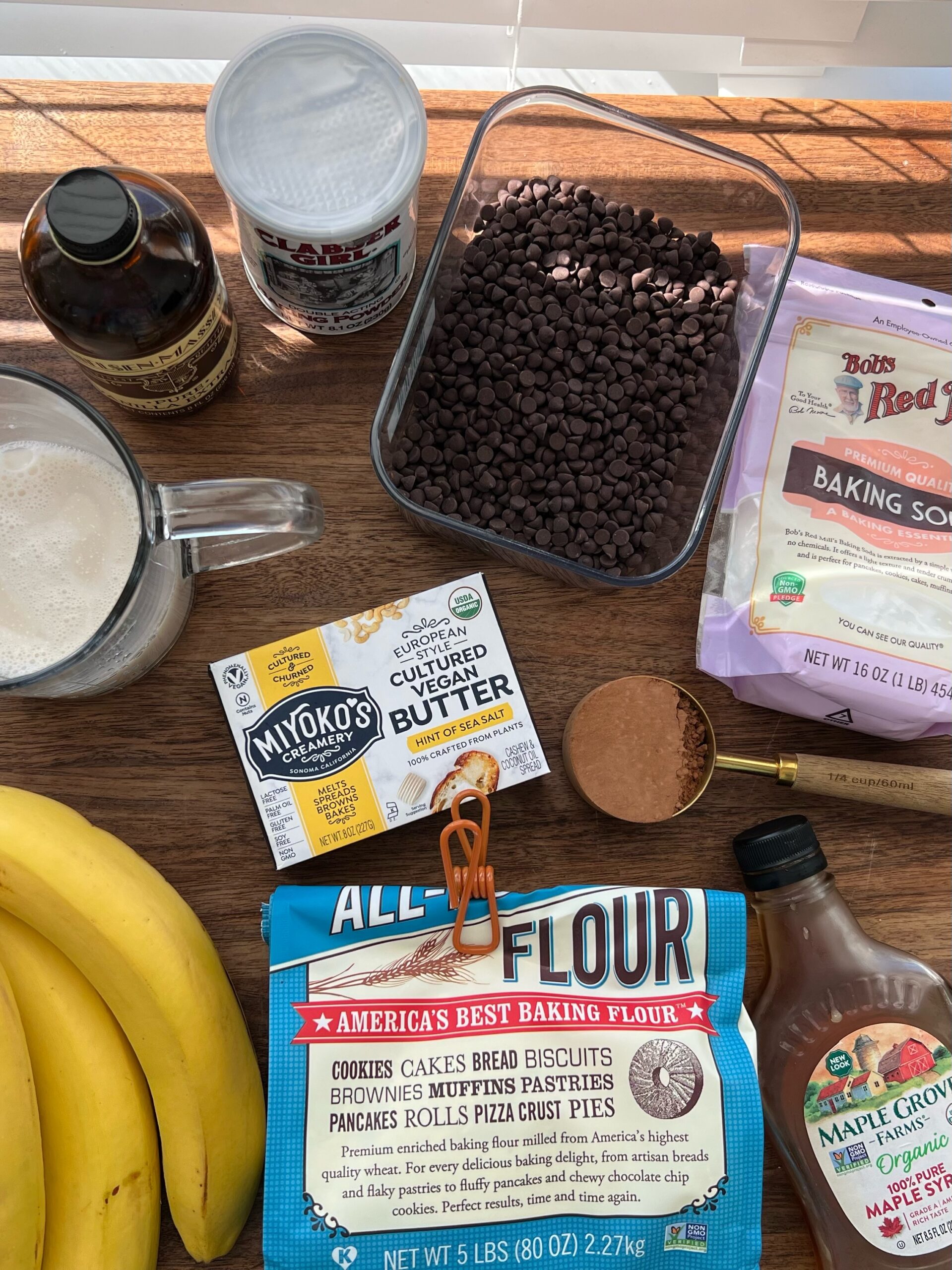 Ingredients for making chocolate banana muffins.