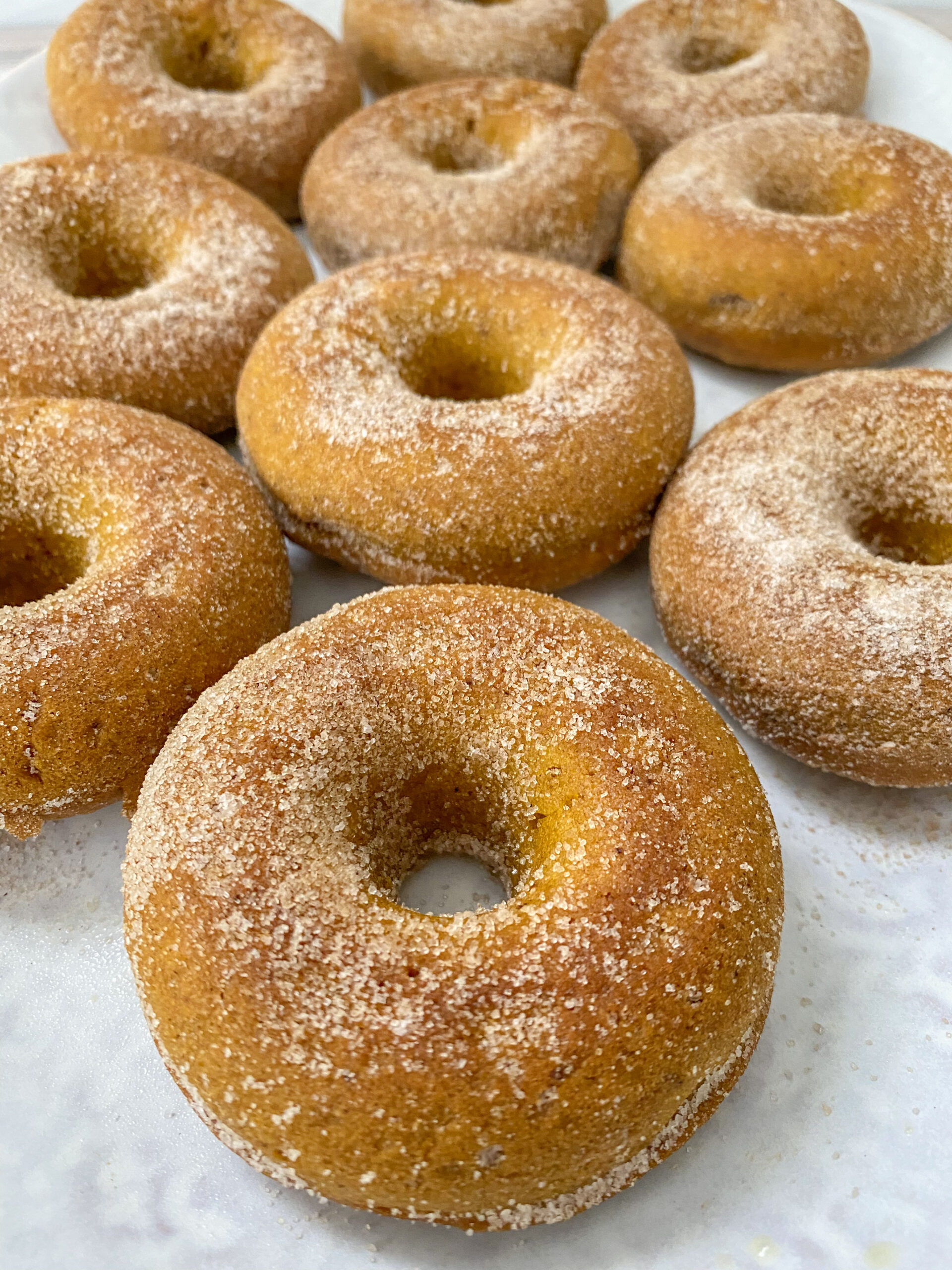 Pumpkin donuts lined up in a row.