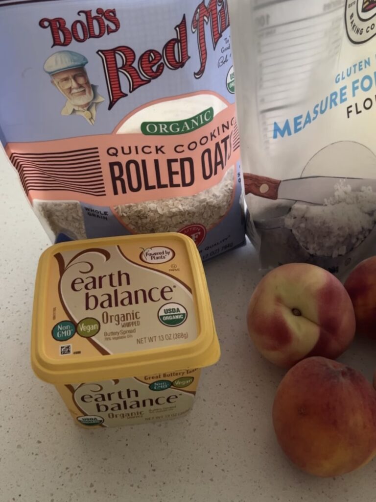 Ingredients needed for peach crumble. 