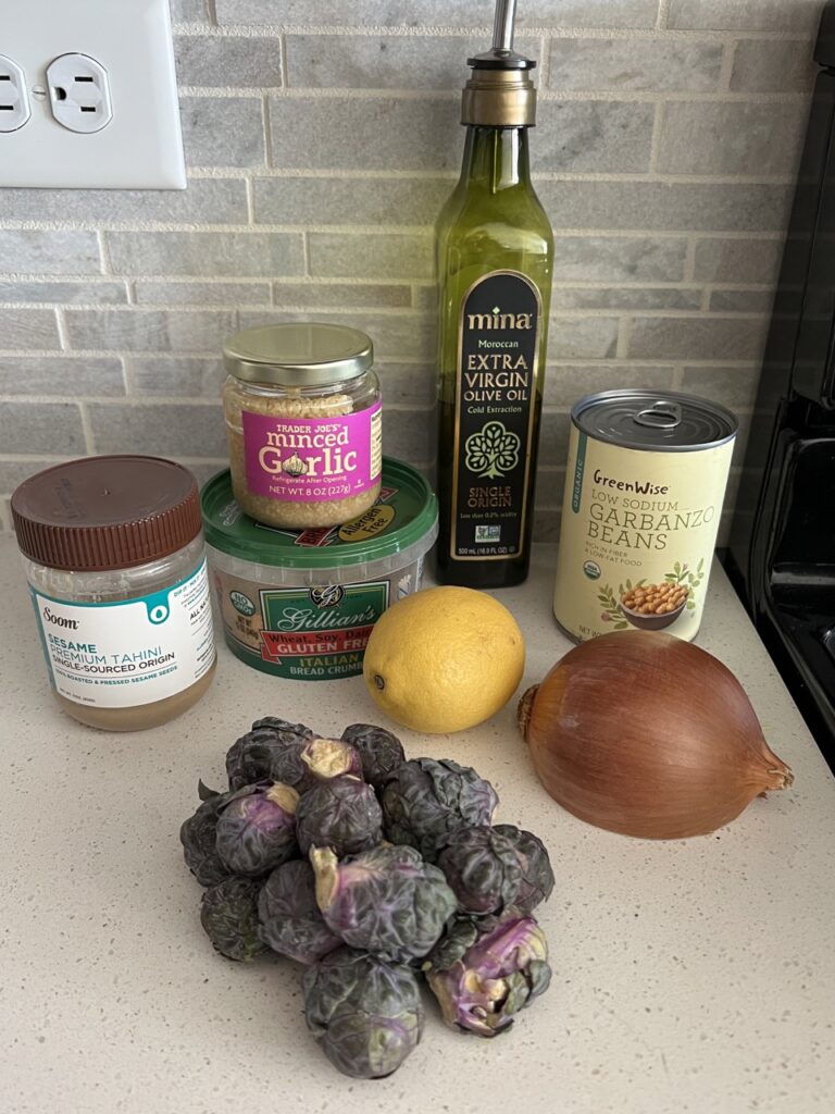 Ingredients needed for chickpea meatballs and tahini brussels sprouts. 