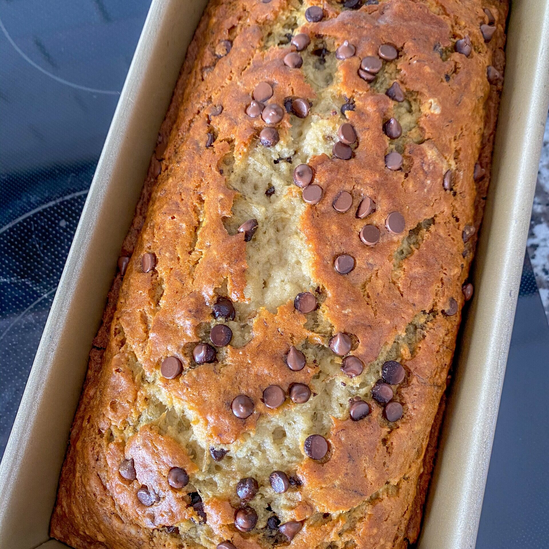 Chocolate chip banana bread in a loaf pan.