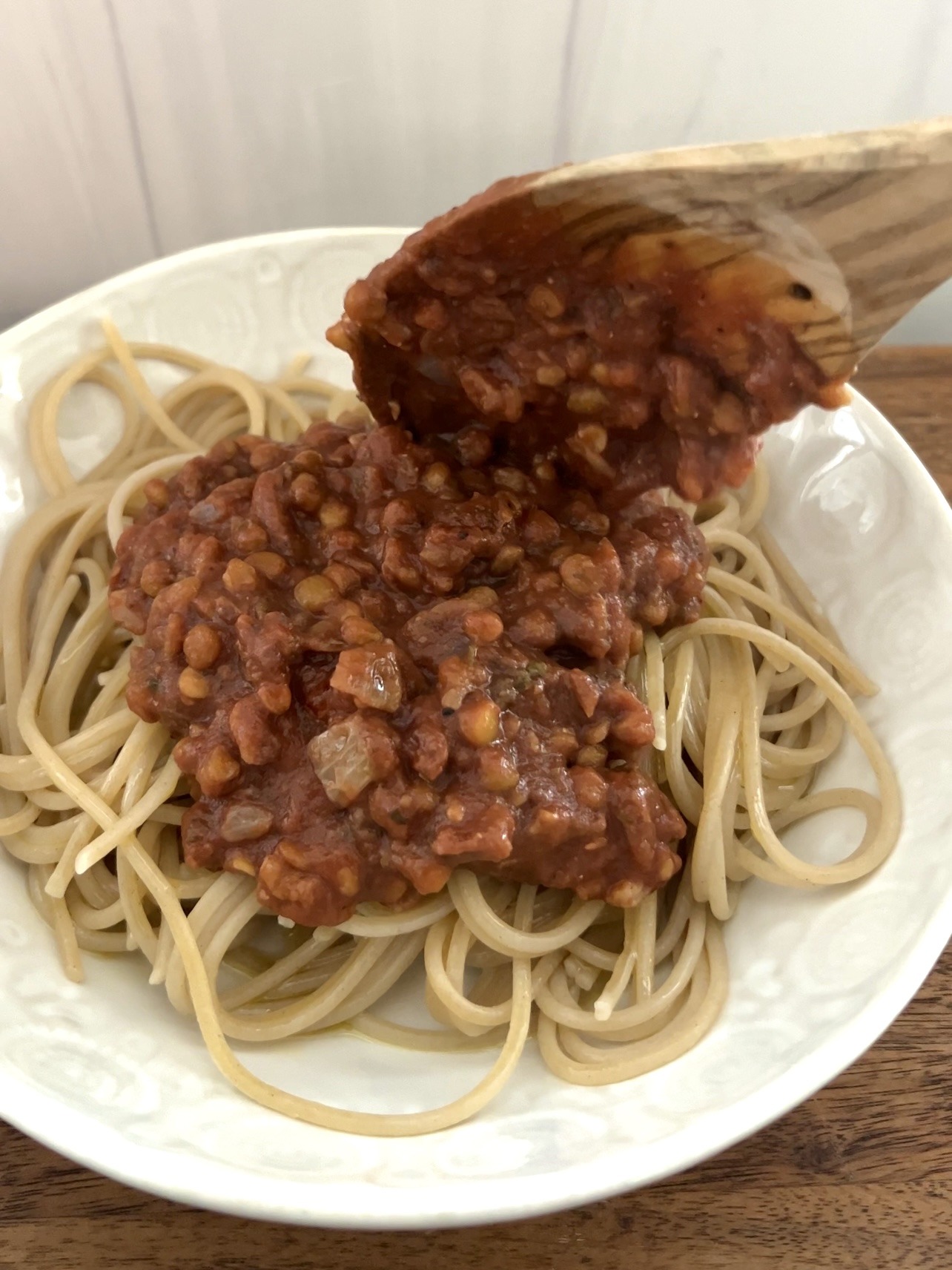 Step 4: Remove from heat, serve over spaghetti noodles.