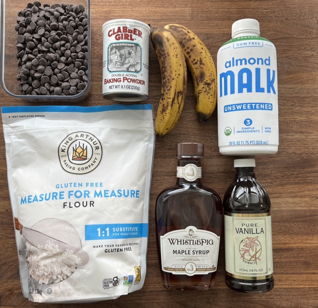 Ingredients needed for vegan chocolate chip banana pancakes. 