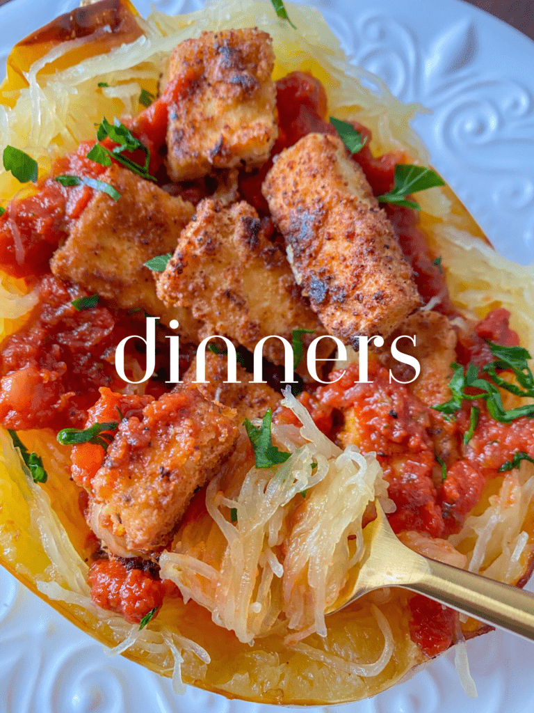 DINNER COVER IMAGE WITH SPAGHETTI SQUASH TOFU PARM