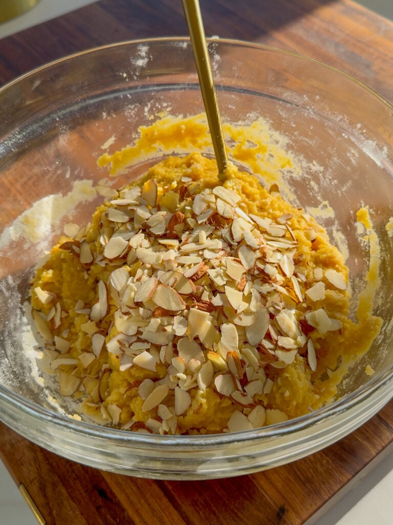 soft baked biscotti cookies adding almonds to dough