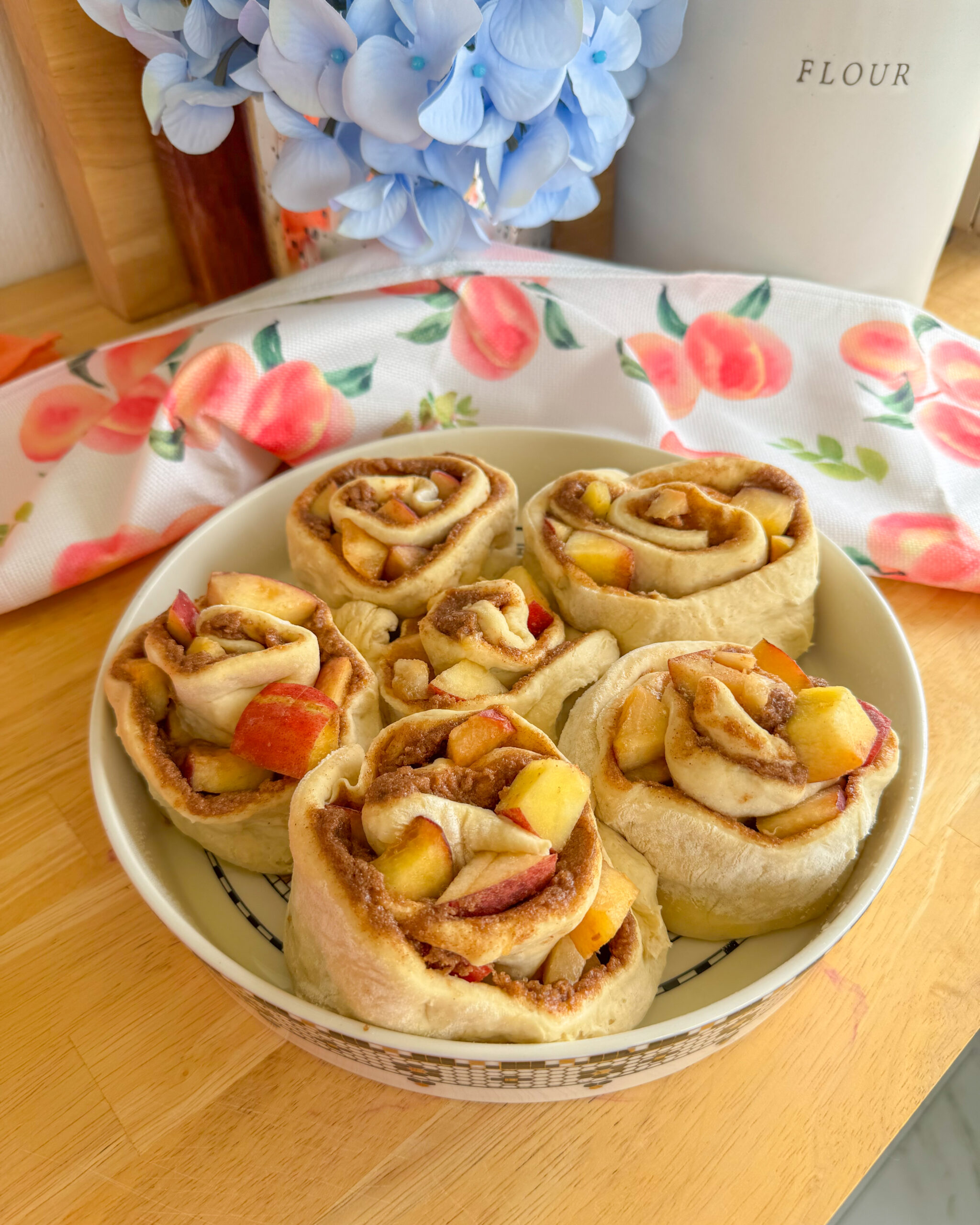 peach cobbler cinnamon rolls - before second rise